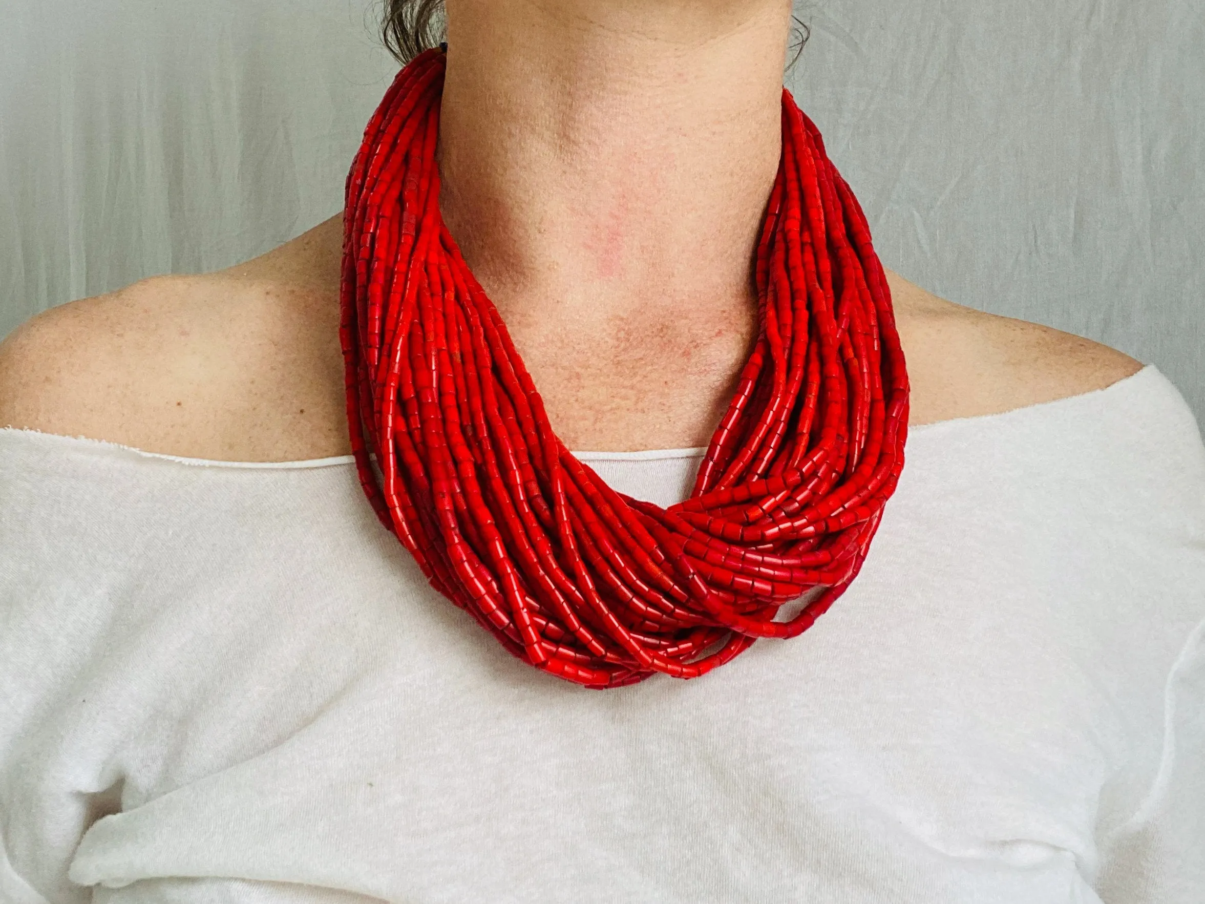 Antique Naga Necklace. Red Multi-strand Necklace. Collectible