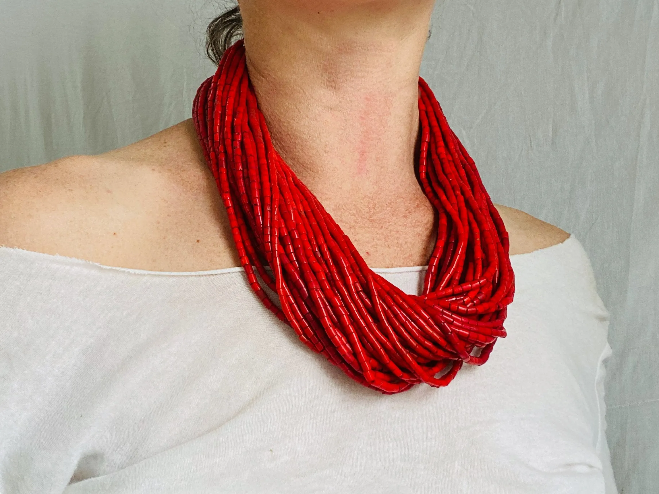 Antique Naga Necklace. Red Multi-strand Necklace. Collectible