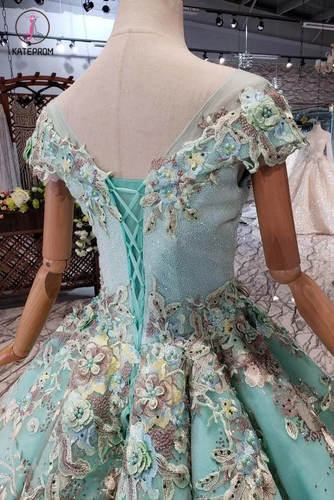 Big Sheer Neck Puffy Prom Dress with Cap Sleeves, Fairy Tale Lace Dress with Beading KPP0856