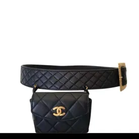 Chanel Belt Bag Rare Vintage 90s Mini Fanny Pack Waist Black Leather Baguette