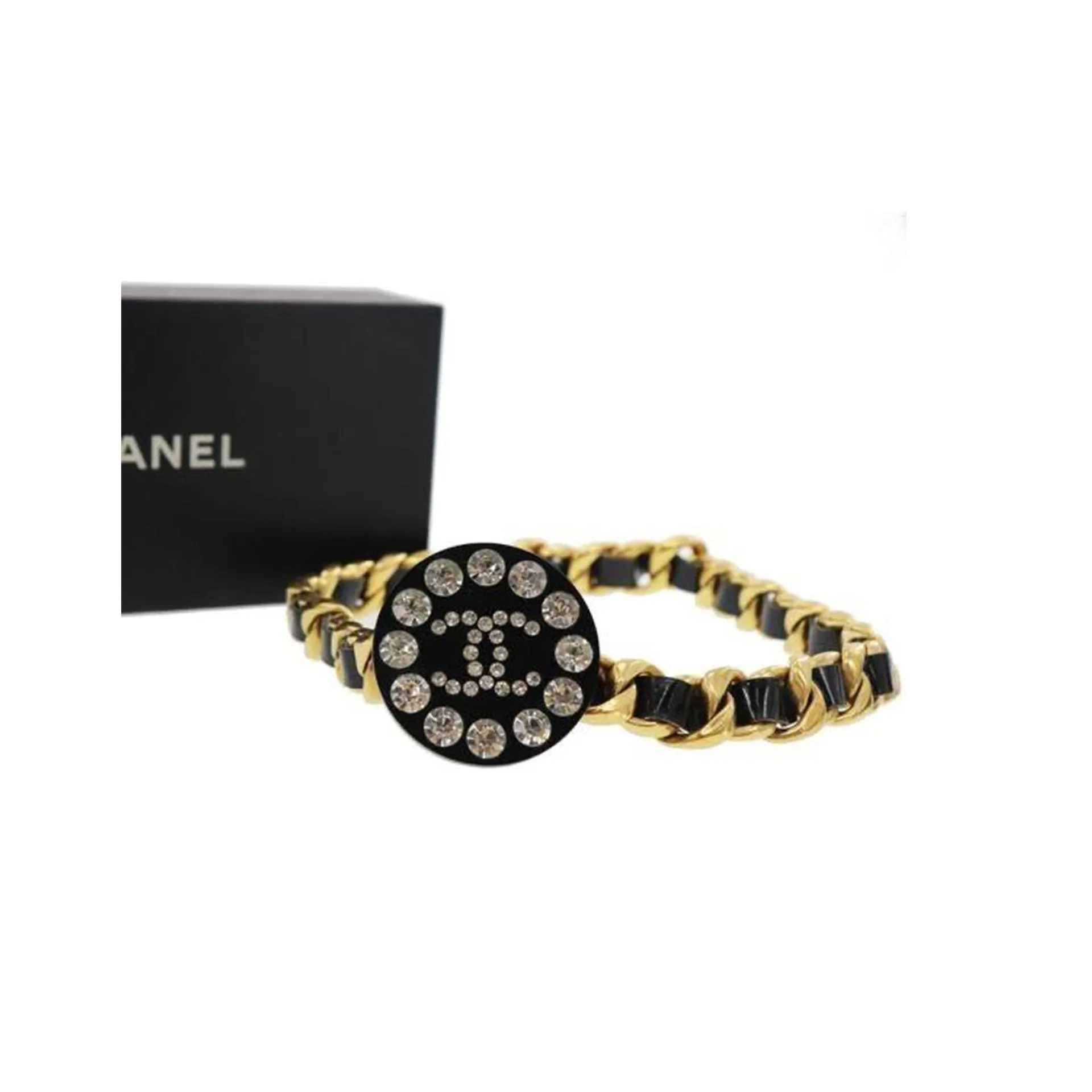 Chanel Black and Gold Rare Logo Swarovski Enamel Vintage 90's Runway Necklace