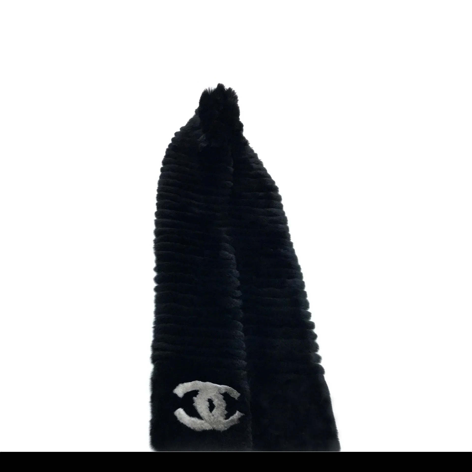 Chanel Black Fur Logo CC Long Neck Scarf