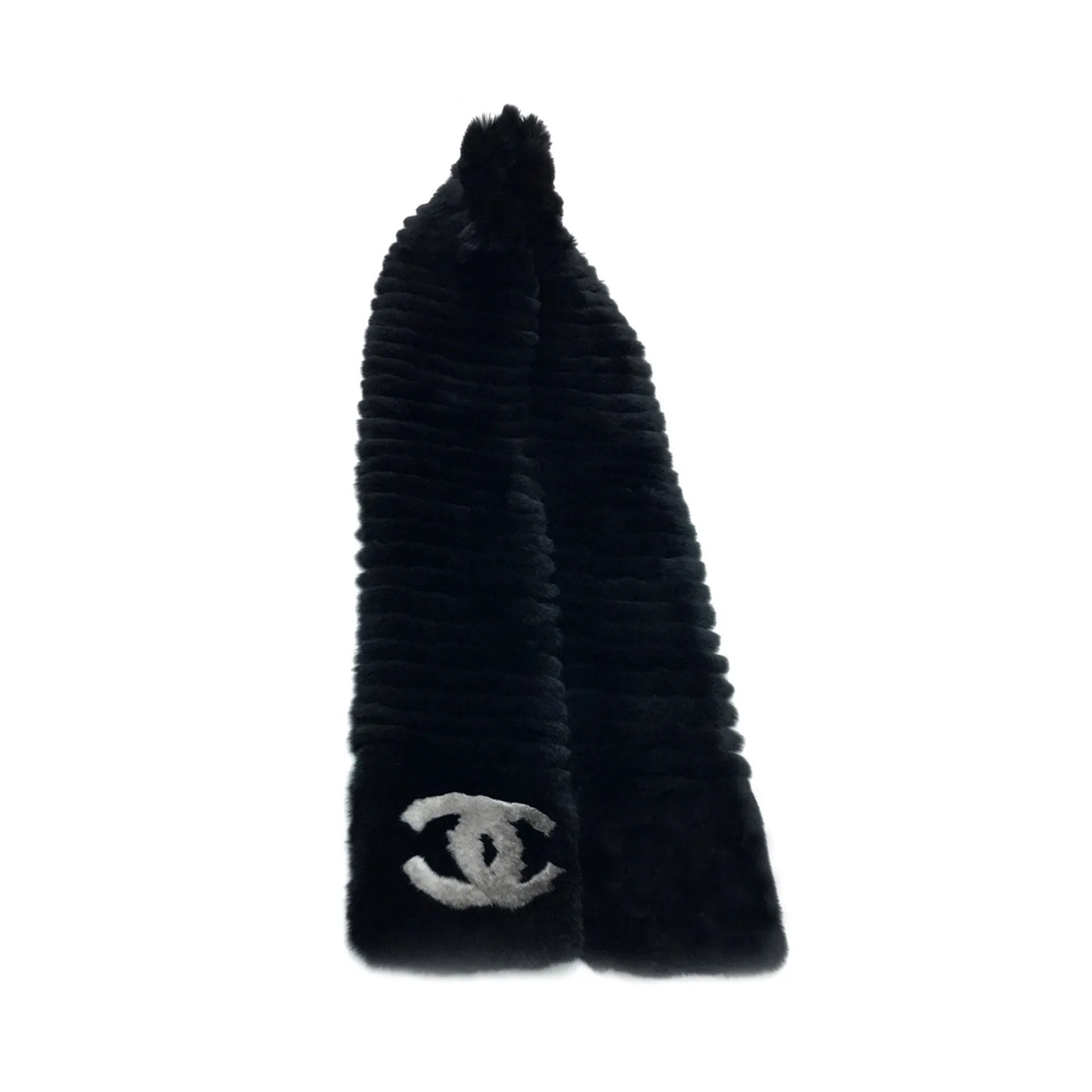Chanel Black Fur Logo CC Long Neck Scarf