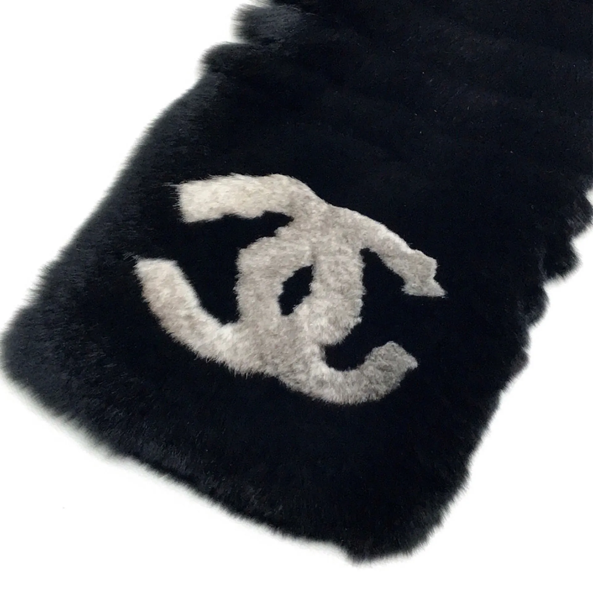 Chanel Black Fur Logo CC Long Neck Scarf
