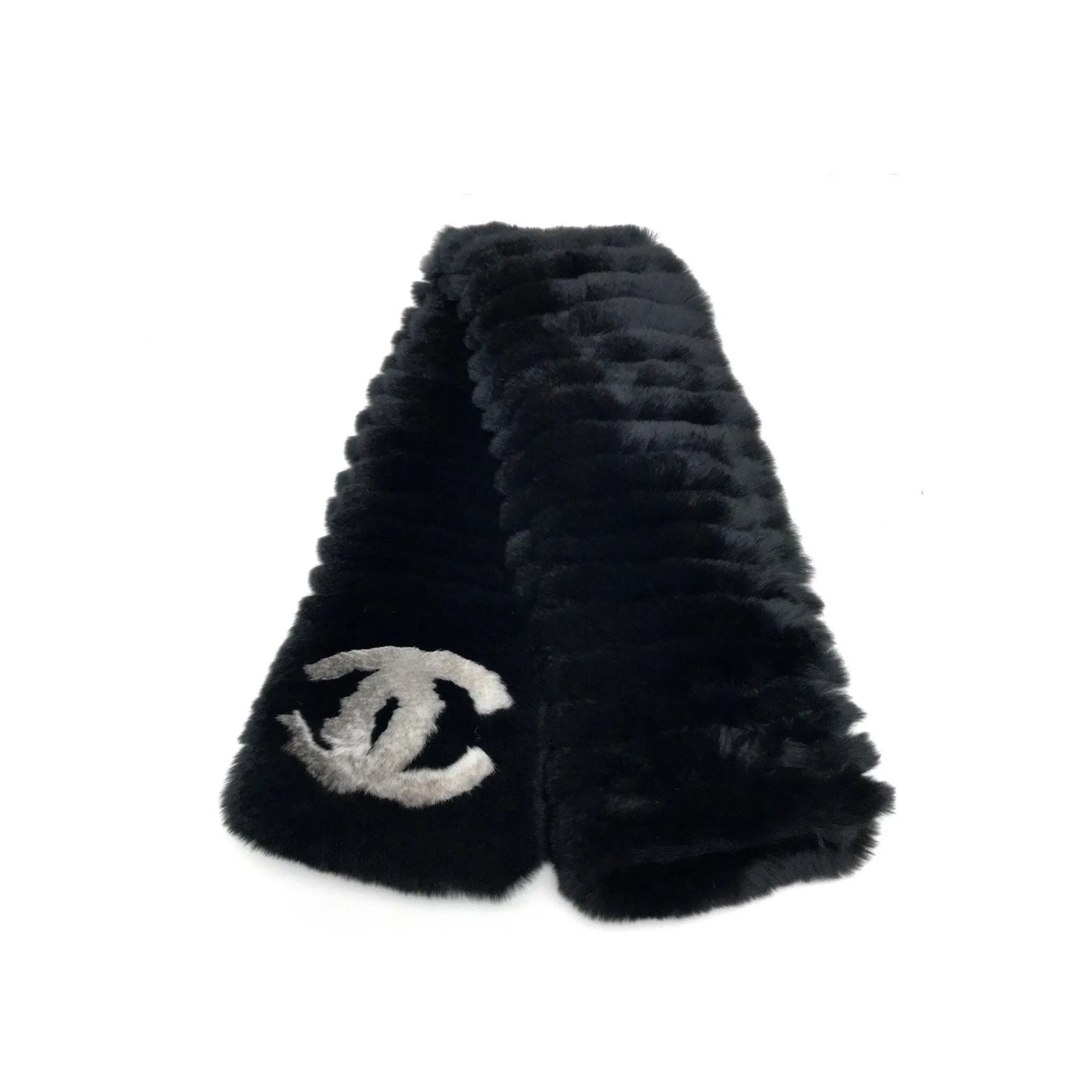 Chanel Black Fur Logo CC Long Neck Scarf