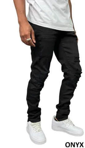 Rip & Repair Slim Tapered Fit Denim Pants - Onyx